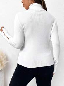 SHEIN Frenchy 大碼高領紐扣細節條紋針織套頭毛衣 - 白色 - 查看 2