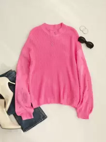 SHEIN Essnce 圓點燈籠袖條紋針織套頭毛衣 - 粉色 - 查看 1