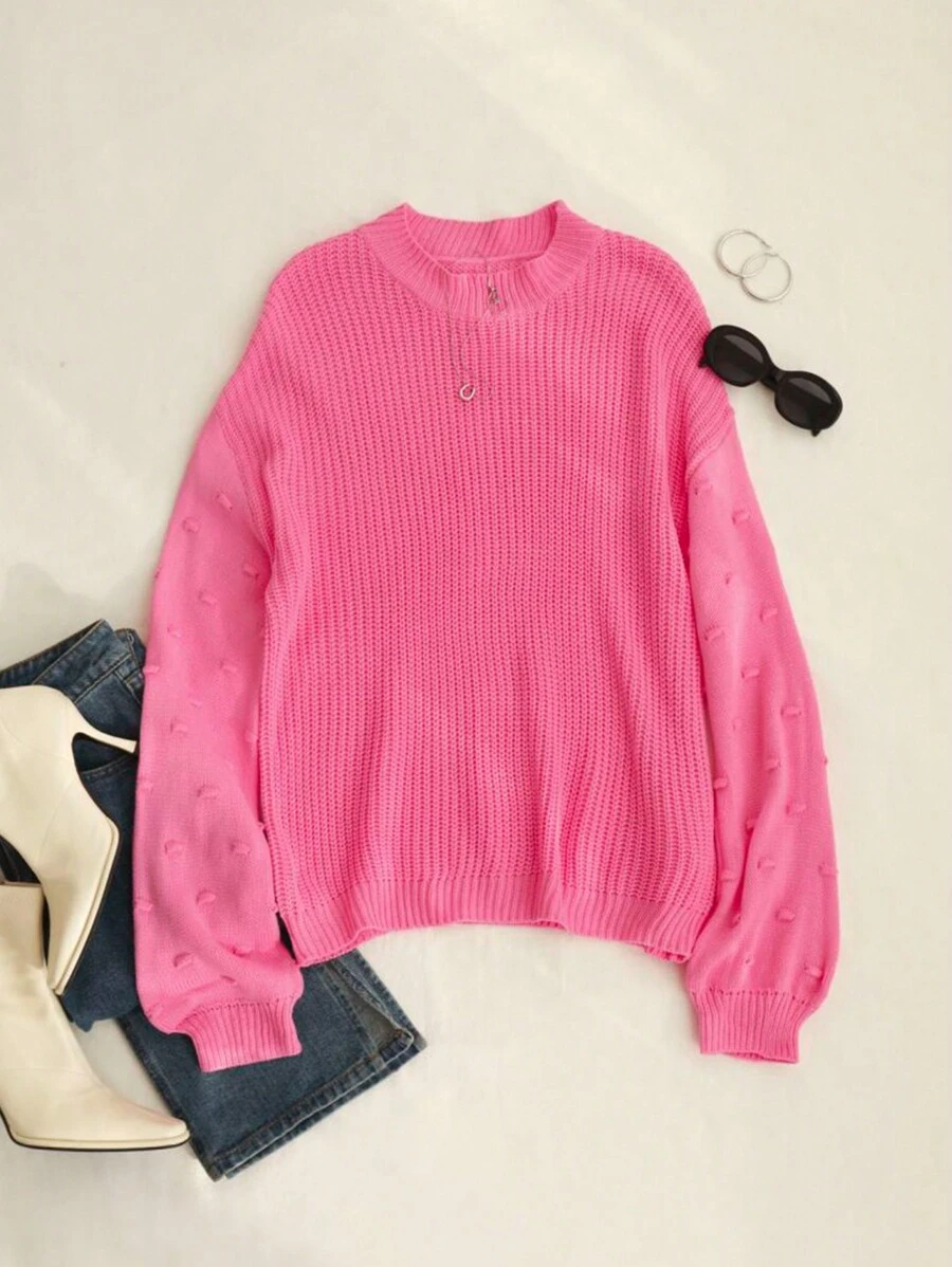 SHEIN Essnce 圓點燈籠袖條紋針織套頭毛衣 - 粉色 - 查看 1