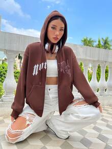 SHEIN Unity 女式休闲时尚街头字母印花落肩宽松拉链抽绳连帽羊毛运动衫，秋冬 - 棕色 - 查看 6