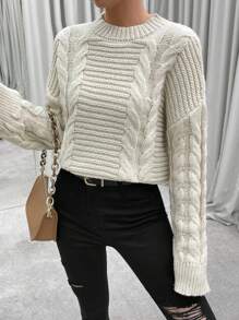 Chiquease 麻花针织落肩套头衫秋冬毛衣 - 杏色 - 查看 3