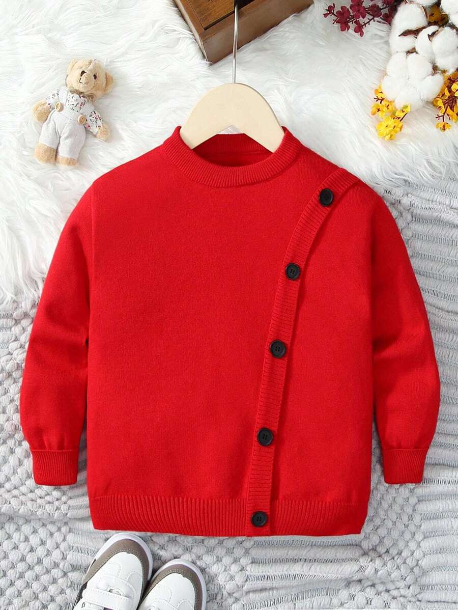 SHEIN Young Boy Button Front Sweater - Red - View 1