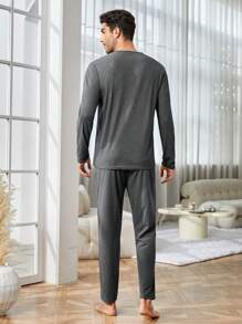 男士素色缺口領T恤和褲子 - 深灰色 - 查看 2