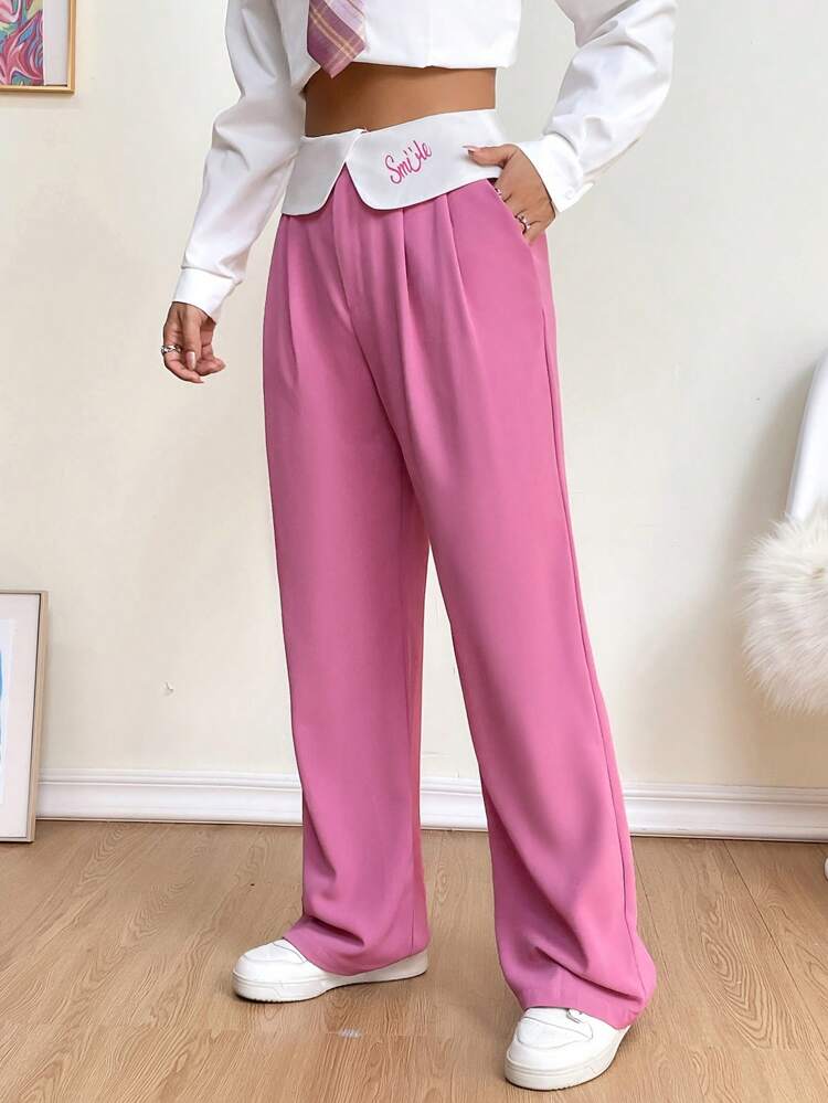 Contrast Foldover Waist Wide Leg Suit Pants