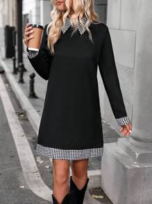 SHEIN LUNE 千鳥格印花拼接領直筒洋裝 - 黑色 - 查看 1