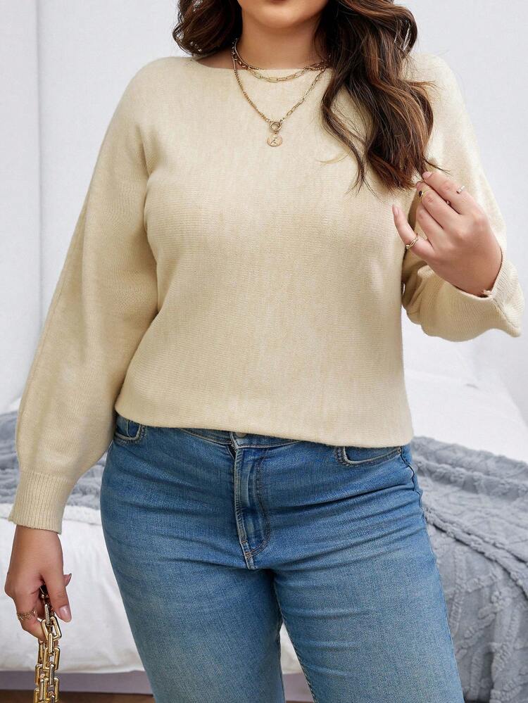 Plus Solid Boat Neck Sweater Knit Pullover Fall Winter Sweater