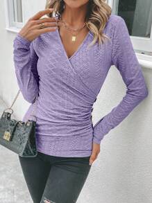 SHEIN Clasi 網眼刺繡紐扣細節側收褶T恤 - 淡紫色 - 查看 4