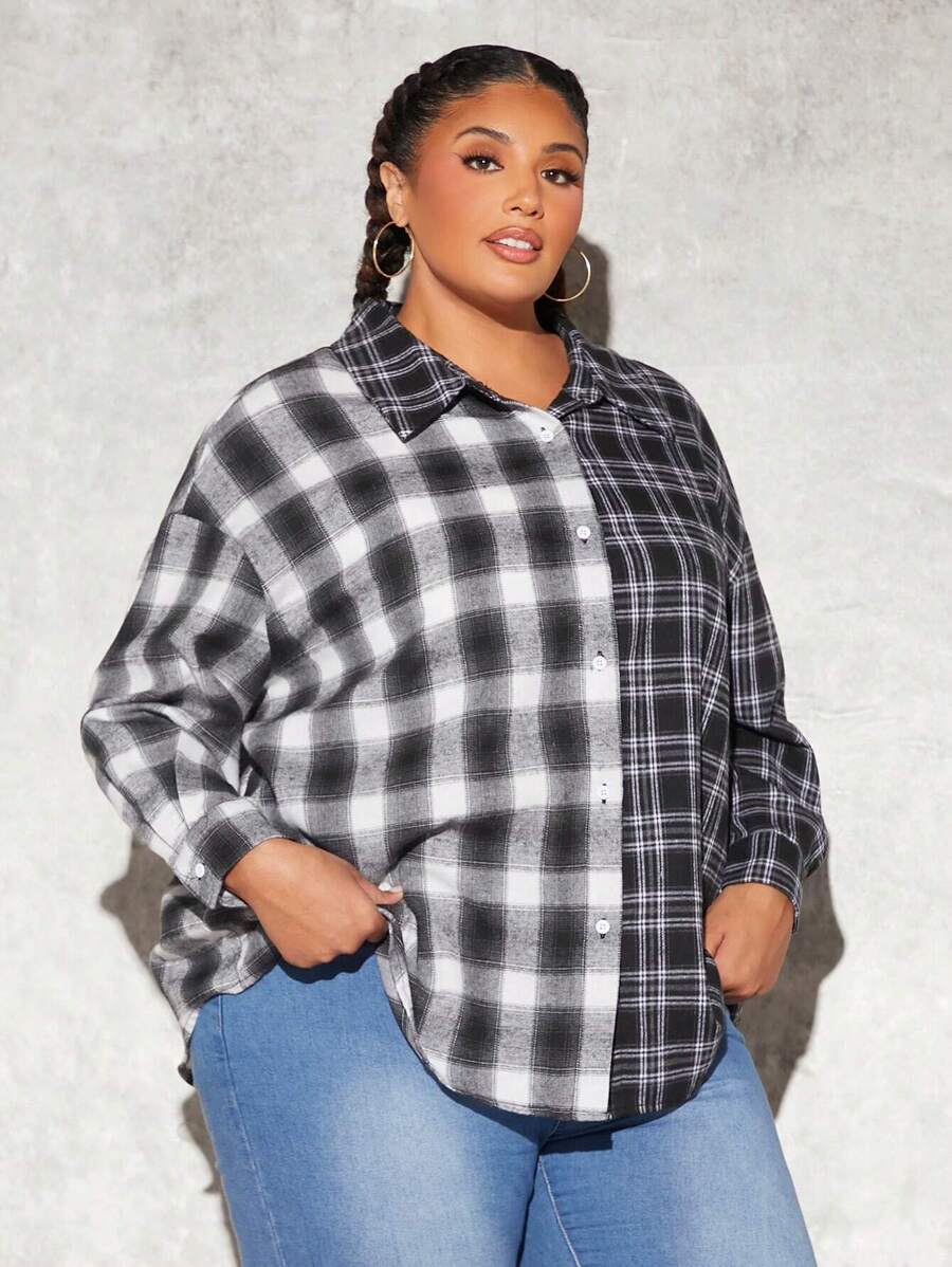 SHEIN CURVE+ 大尺碼寬鬆格紋襯衫