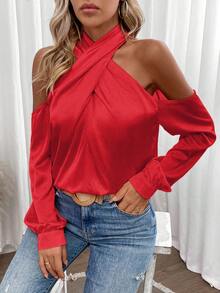 SHEIN Frenchy Blusa unicolor de hombros descubiertos de satén - Rojo - Ver 5