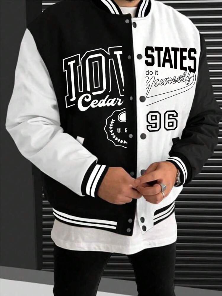 Men's Plus Size Letter Printed Colorblock Baseball Jacket