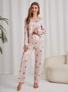 Conjunto de pijama con estampado de corazón (Camiseta y Pantalones), Ropa de otoño e invierno - Rosa Pálido - Ver 4