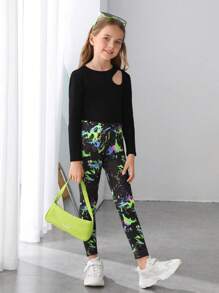 SHEIN Leap Crew Tween Girl Reflective Splash Ink Print Leggings - Black - View 5