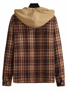 Manfinity Homme Loose-Fit Men's Plaid Print Drawstring Hooded Overcoat With Flap Pockets - Brown - View 2