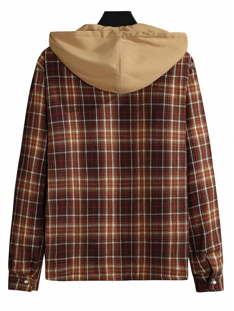 Loose-Fit Men's Plaid Print Drawstring Hooded Overcoat With Flap Pockets