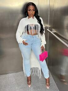 Slaydiva Fringe Hem Tay Raglan Hem cao thấp Áo len - trắng - Xem 4