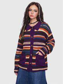 ROMWE 條紋拼色下垂肩開襟針織外套 - 彩色 - 查看 1