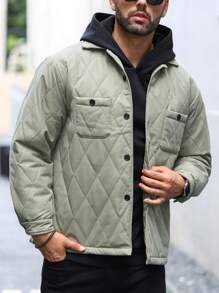 Manfinity Homme Men Flap Pocket Drop Shoulder Quilted Jacket - Army Green - View 6