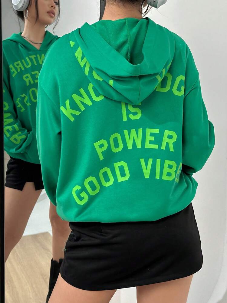 Slogan Graphic Kangaroo Pocket Drop Shoulder Hoodie