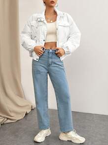 SHEIN X Antonella SHEIN Essnce Flap Pocket Drop Shoulder Padded Coat In Fall/Winter - White - View 4