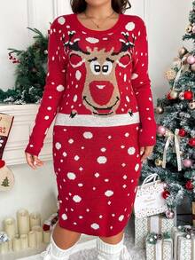 SHEIN Frenchy Plus Christmas Pattern Sweater Dress - Red - View 3