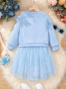 SHEIN Young Girl Figure Graphic Ruffle Trim Mesh Hem Dress - Baby Blue - View 2