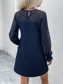 SHEIN Clasi Contrast Mesh Sleeve Tunic Dress - Navy Blue - View 2