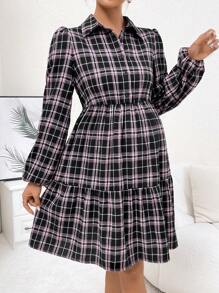 SHEIN Thai sản In kẻ sọc Tay áo lồng đèn Xù Hoa Sen Đầm - màu đen - Xem 5