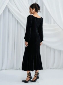 DAZY Vestido de terciopelo con cuello de corazón, mangas farol y bajo de cola de sirena, con volantes, vestido de otoño y vestido de graduación - Negro - Ver 7