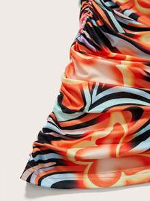 SHEIN ICON Butterfly Print Drawstring Side Draped Collar Cami Dress - Orange - View 7