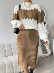 SHEIN Privé Two Tone Mock Neck Sweater & Knit Skirt - Khaki - View 1