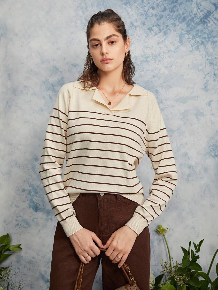 Dazy-Less Gestreifter Raglanärmel Pullover, Langarm Oberteil, Herbstkleidung Business Lässig Arbeitskleidung für Frauen - Aprikosenfarben - Übersicht 1
