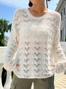 SHEIN Unity Solid Drop Shoulder Pointelle Knit Pullover Fall Winter Sweater - Apricot - View 1
