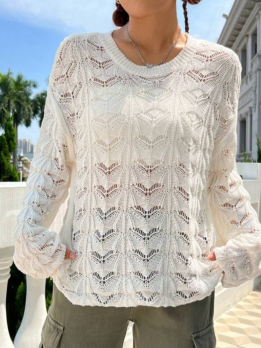 SHEIN Unity Solid Drop Shoulder Pointelle Knit Pullover Fall Winter Sweater - Apricot - View 1
