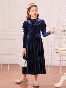 青少女針織實色短毛絨立領鑲釘3/4袖連衣裙 - 藏蓝色 - 查看 5