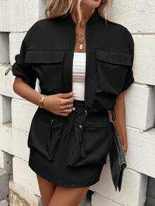 SHEIN LUNE Flap Pocket Zipper Front Jacket & Skirt - Black - View 7