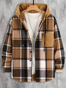 Manfinity Homme 寬鬆男士格紋印花抽繩連帽大衣附口袋細部拼布裝飾,不含t卹 - 黃色 - 查看 1