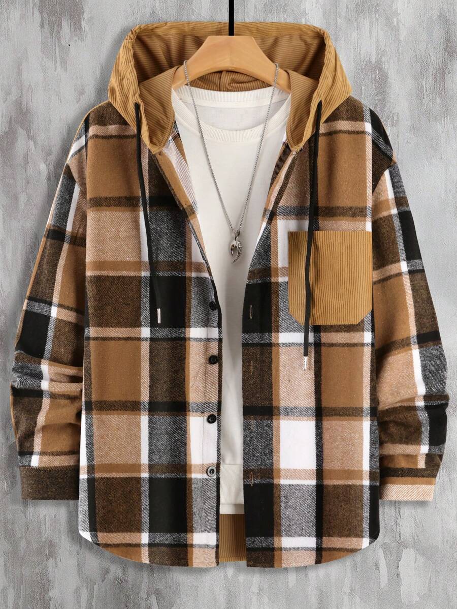 Manfinity Homme 寬鬆男士格紋印花抽繩連帽大衣附口袋細部拼布裝飾,不含t卹 - 黃色 - 查看 1