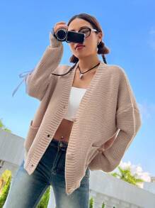 SHEIN Unity 落肩袖口袋貼布開襟衫 - 駝色 - 查看 4
