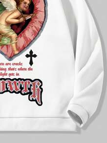 ROMWE MEN Street Life Guys Slogan & Figure Graphic Kangaroo Pocket Drawstring Thermal Lined Hoodie - White - View 4