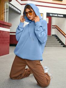SHEIN EZwear 素色落肩袖抽繩加絨內裏連帽衫 - 藍色 - 查看 7