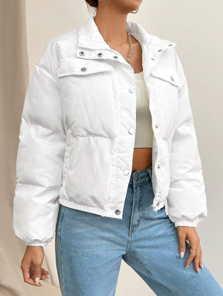 SHEIN X Antonella SHEIN Essnce Flap Pocket Drop Shoulder Padded Coat In Fall/Winter - White - View 1