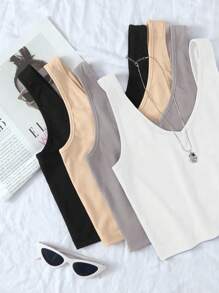 Chiquease 4pcs Solid Ribbed Knit Tank Top - Multicolor - View 3