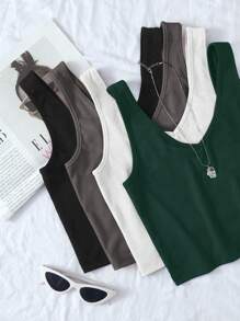 Breezaya Áo ba lỗ cổ chữ V phối gân màu trơn dành cho nữ, dễ mặc, đa năng - Nhiều màu - Xem 3