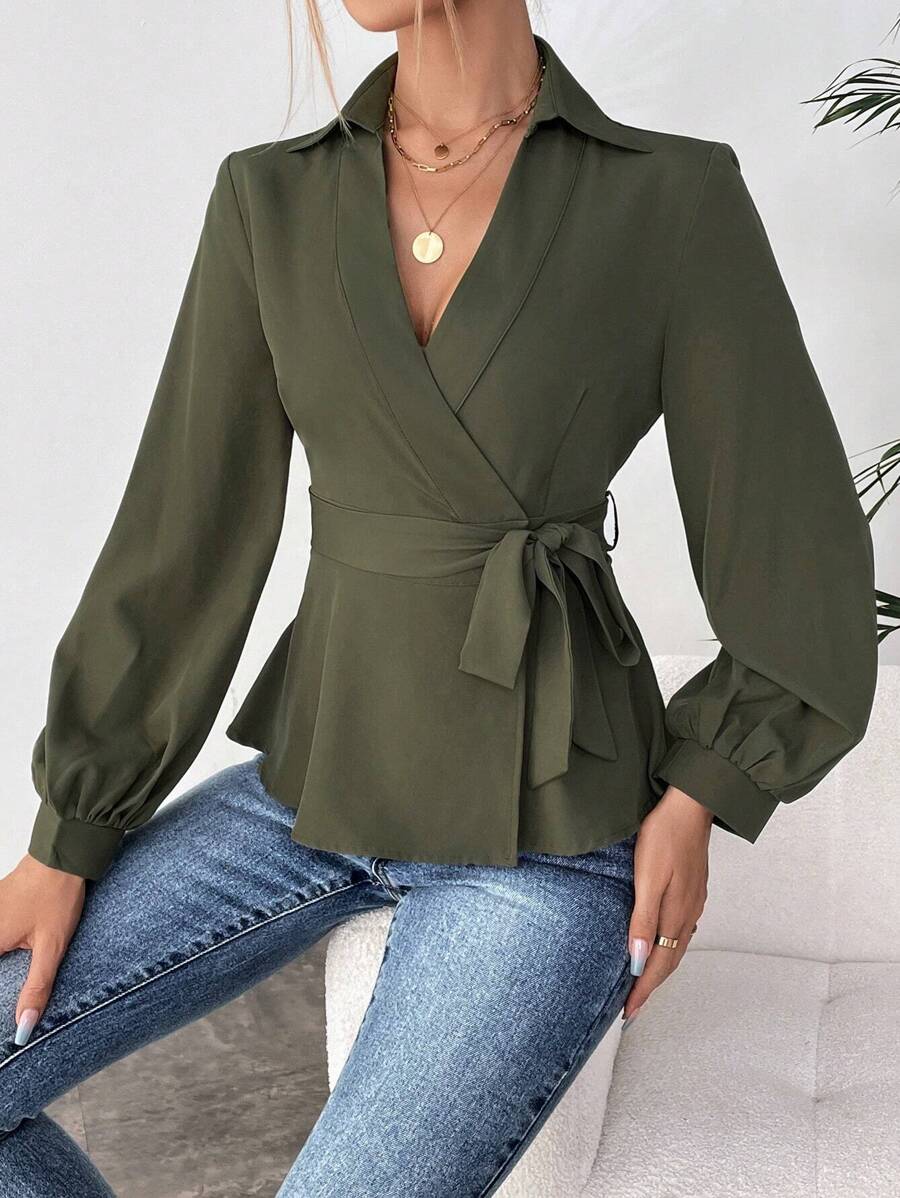 SHEIN Privé 素色側打結圍裹女士襯衫 - 軍綠色 - 查看 1