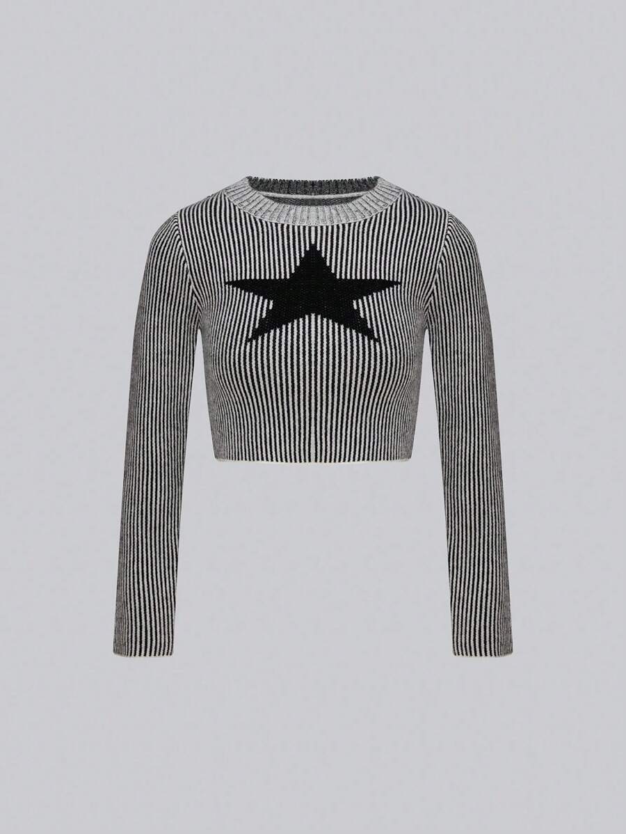 SHEIN Unity 条纹星形图案短款针织套头衫,适合秋冬季穿着 - 灰色 - 查看 1