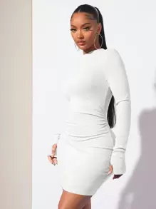 SHEIN SXY Vestido Mini Blanco Con Mangas Y Cuerpo Ajustado Y Fruncido - Blanco - Ver 1