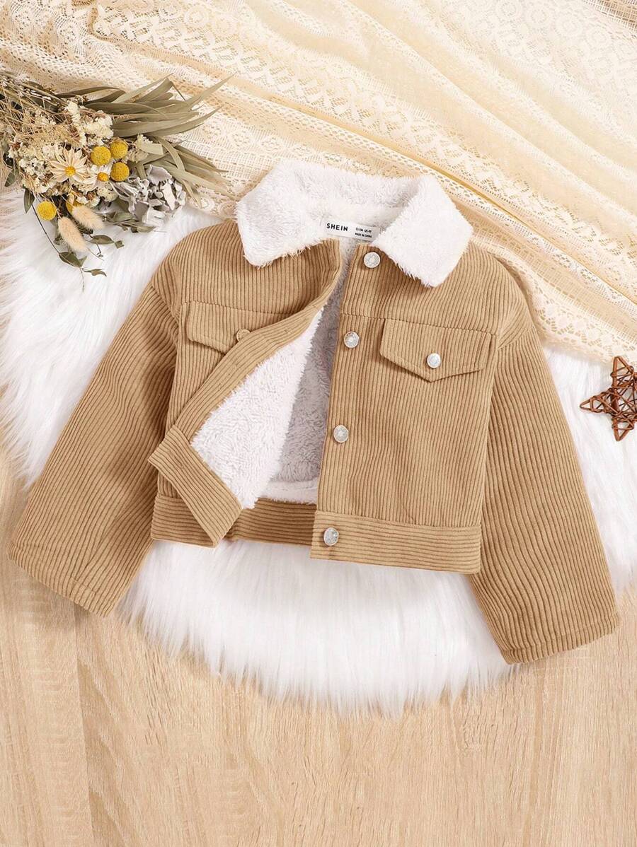 SHEIN Cô Gái Trẻ Chi tiết về Flap Lót nhiệt Vải to sợi Áo khoác - Màu Khaki - Xem 1