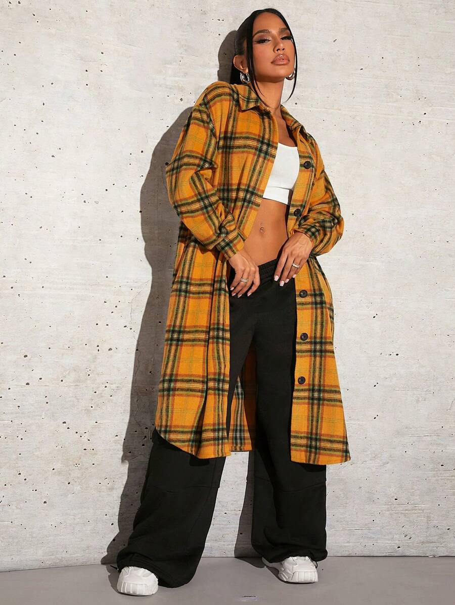 SHEIN SXY 格紋印花掉肩前扣外套,女士冬季服裝 - 芥末黃 - 查看 1