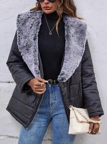 SHEIN LUNE Borg Collar Zip Up Padded Padded Coat Clothes Winter Fall Cloth For Women - Black - View 1