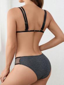 Conjunto de lencería de sujetador y panty de red de contraste